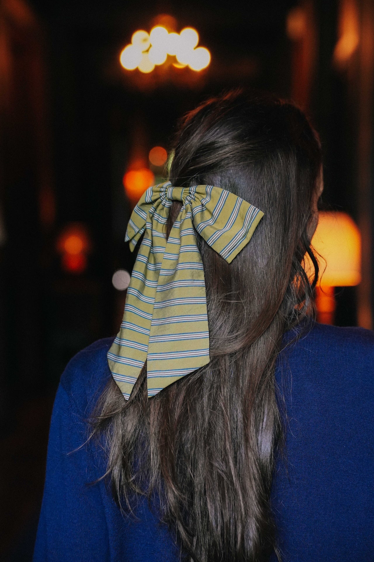 Barrette Noeud Nora - Rayures Olive